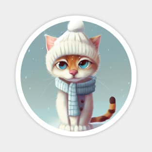 Cute Cat with a Scarf and Hat in Winter Scenery Magnet